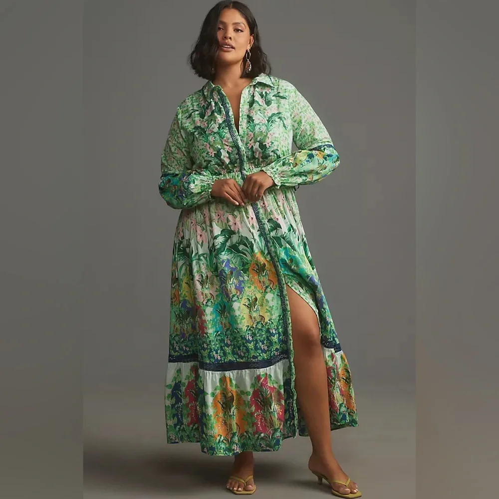 Anthropologie Eleanora Long Sleeve Maxi Shirt Dress Green Tropical Print XL NWT - Picture 1 of 4
